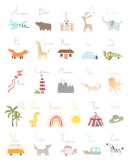 Alphabet poster for children, vector letters, words, animals, things. ABC kid poster. Education for baby, flora and fauna characters. Trendy abstract elements. English preschool alphabet.