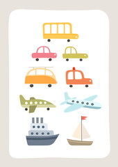 Cute vector poster with cars, planes and boats. Poster with different vehicles.