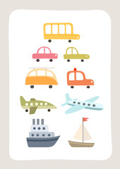 Naklejka premium Cute vector poster with cars, planes and boats. Poster with different vehicles.