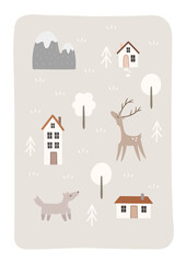 Cute card with rural winter landscape, animals, mountains, trees, houses. Deer, wolf, little village.