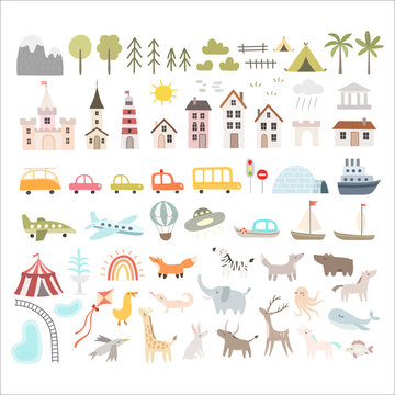 Cute vector set with different elements for landscape creator. Houses, castle, church, trees, cars, mountains, animals