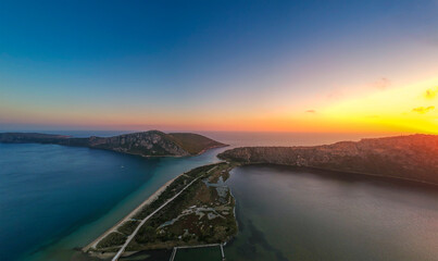 Panoramic aerial view over Divari beach near Navarino bay, Gialova. It is one of the best beaches in mediterranean Europe. Beautiful lagoon near Voidokilia from a high point of view, Messinia, Greece