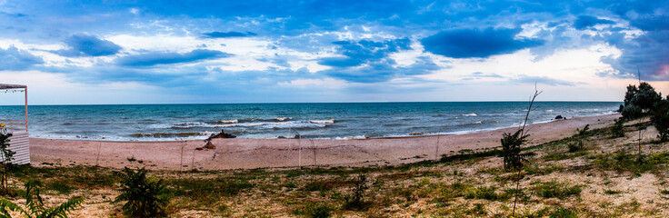 the evening sea landscape at the stormy weather, Azov sea, Ukraine