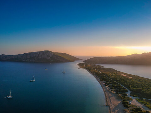 Panoramic aerial view over Divari beach near Navarino bay, Gialova. It is one of the best beaches in mediterranean Europe. Beautiful lagoon near Voidokilia from a high point of view, Messinia, Greece