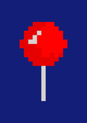 Pixel art: a big red lollipop, isolated on a blue background.
