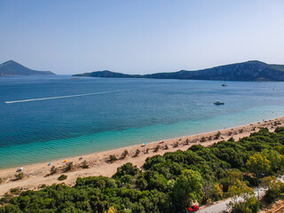 Panoramic aerial view over Divari beach near Navarino bay, Gialova. It is one of the best beaches in mediterranean Europe. Beautiful lagoon near Voidokilia from a high point of view, Messinia, Greece
