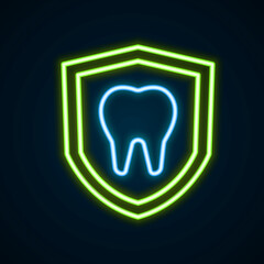 Glowing neon line Dental protection icon isolated on black background. Tooth on shield logo. Colorful outline concept. Vector