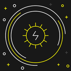 Line Solar energy panel icon isolated on black background. Sun with lightning symbol. Colorful outline concept. Vector