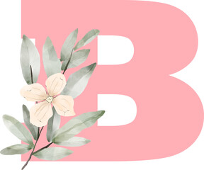 Pink Letter with watercolor roses and leaves. Pastel floral alphabet, from A to Z set, symbol, type, font