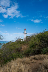 Fototapeta na wymiar Lighthouse on a Brush Covered Hill with Blue Sky and Ocean in the Background.