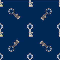 Line Old key icon isolated seamless pattern on blue background. Vector