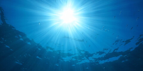 Bright sunlight with sunbeams under water surface in the sea with some small fish, natural scene, Mediterranean