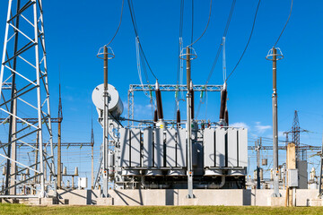 High voltage substation. Power transformer.