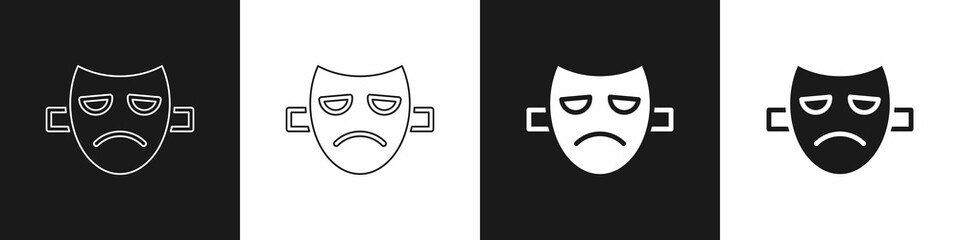 Set Drama theatrical mask icon isolated on black and white background. Vector - obrazy, fototapety, plakaty