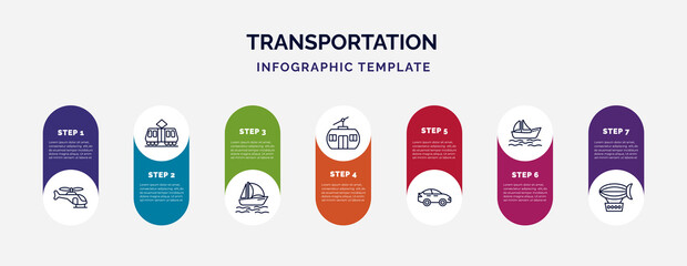 infographic template with icons and 7 options or steps. infographic for transportation concept. included helicopter profile, tramway, catamaran, chairlift, sedan, yawl, zeppelin icons. © IconArt