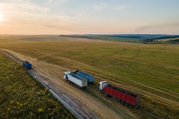 Aerial view of cargo truck driving on dirt road between agricultural wheat fields making lot of dust. Transportation of grain after being harvested by combine harvester during harvesting season