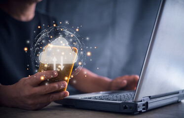 Futuristic technology transformation concept, Business man using smartphone and laptop computer connect to cloud for transfer data, Global internet network, cloud computing storage system.
