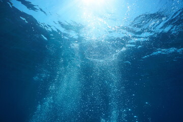 Fototapeta na wymiar Underwater air bubbles in the sea rising to water surface, natural scene, Mediterranean