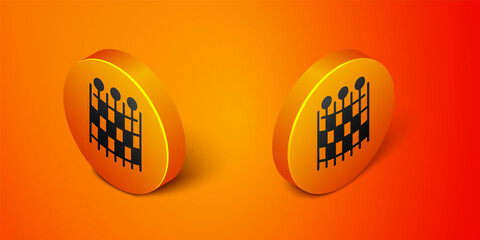 Isometric Fishing net pattern icon isolated on orange background. Fishing tackle. Orange circle button. Vector