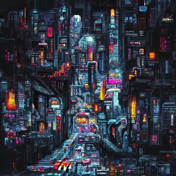 Cyberpunk city street. Sci-fi wallpaper. Futuristic city scene in a style  of pixel art. Urban scene. Generative AI. 22452074 Stock Photo at Vecteezy