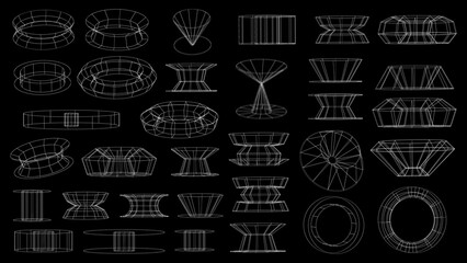 Set of abstract geometric technology elements in cyberpunk style. Retro vintage collection 3d virtual digital design. Texture 80s vr. Futuristic metaverse pattern. Vector isolated template background