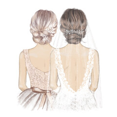 Bride in Veil and blonde Bridesmaid. Hand drawn Illustration - obrazy, fototapety, plakaty