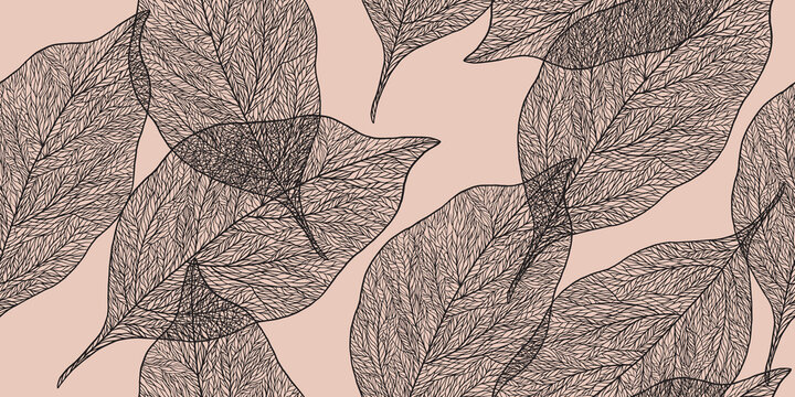 Pattern With Textured Linear Leaf On Beige Background. Outline Transparent Leaves