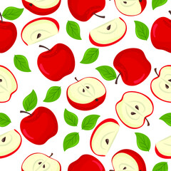 Red apple seamless pattern. Fruit flat repeat background. Vector illustration in cartoon flat style.
