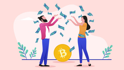 Financial freedom with Bitcoin - Two people, man and woman making money on crypto currencies and cheering. Flat design vector illustration