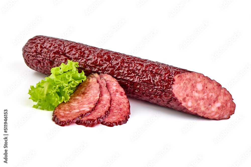 Wall mural Salami smoked sausage and chopped slices with green lettuce, isolated on white background. High resolution image