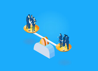 Business people and scale, businessman negotiating the deal, working as a team, winning and competitive aspect. Isometric infographic illustration.