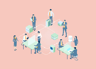 Business people working together, solving the problems, making decisions and progress. Isometric environment  illustration