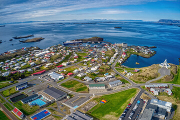 Aerial View of the Coastal Town of Stykkishólmur, Iceland during Summer