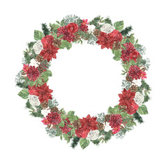 christmas wreath with holly berries watercolor