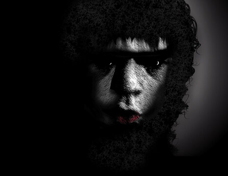 A dark dangerous looking young man with a unibrow has the appearance of a caveman or neanderthal man and is seen in this foreboding 3-d illustration.