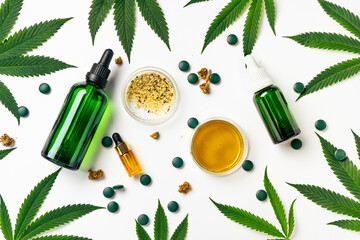 Science, Safety, Research, Technology with Cannabis. Legal, Medical and Recreational Use of Marijuana. Natural cosmetics or superfood, omega fats