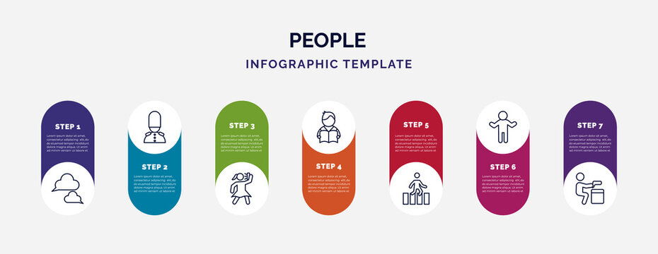 Infographic Template With Icons And 7 Options Or Steps. Infographic For People Concept. Included Chat Balloon, Queens Guard, Woman Taking A Photo, Student Books, Crossing Road, Crucified Pose,