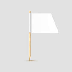 Obraz premium Toothpick flag isolated on wood stick with white paper. Realistic little tooth pick for lunch. Vector cocktail decoration