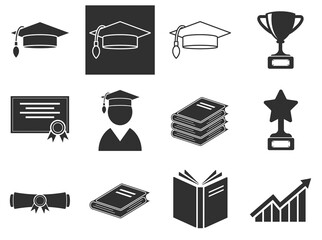 Education icons set. Detailed set of education element icons book, graduation cap, journal, teacher, up arrows, graduation hat, diploma