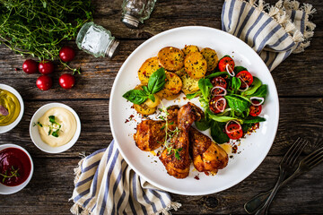 Barbecue chicken drumsticks with fried potato, lettuce and mini tomatoes on wooden table
