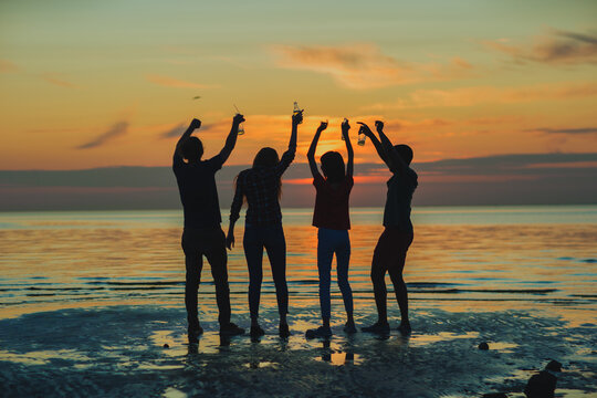 Silhouettes of four diverse young friends dancing with beer bottles in raised hands by sea at orange sunset during beach party, backlit back view