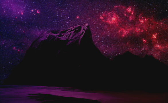 Fantastic Winter Epic Landscape of Mountains. Celtic Medieval forest. Frozen nature. Glacier in the mountains. Beautiful space. Starry Sky. Gaming RPG background. Dark Canyon.  Milky way galaxy