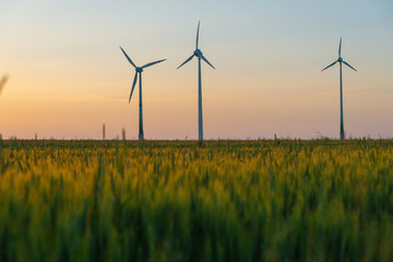 View of wind power turbines, part of a wind farm. Wind turbines on green field in countryside. Wind...