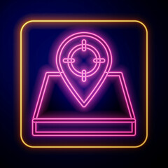 Fototapeta na wymiar Glowing neon Hunt place icon isolated on black background. Navigation, pointer, location, map, gps, direction, place, compass, contact, search. Vector