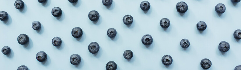 Banner Colorful pattern of blueberries on pastel blue background. Flat lay, top view
