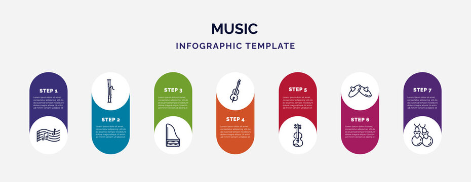 infographic template with icons and 7 options or steps. infographic for music concept. included melody, bassoon, harpsichord, violoncello, viola, cymbals, castanets icons.