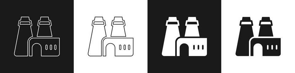 Set Factory production icon isolated on black and white background. Industrial building. Vector