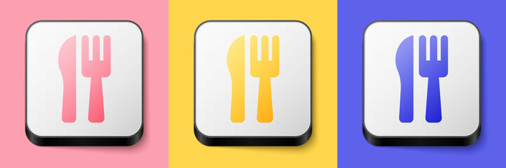 Isometric Crossed knife and fork icon isolated on pink, yellow and blue background. Cutlery symbol. Square button. Vector
