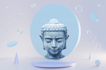 Buddah 3D neon glass geometric shapes hover in the corner of the room, Zen Yoga 3d illustration
