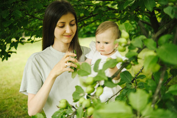 mom stands with baby by the tree and playing with fruit